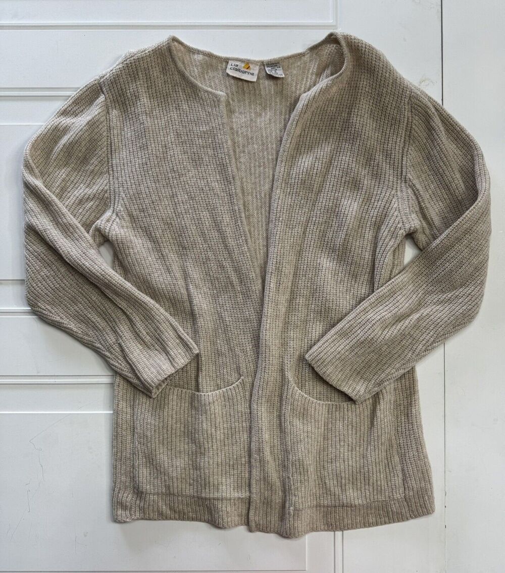 Liz Claiborne Womens Sz S Vintage Cardigan Beige Knit Lambs Wool Angora